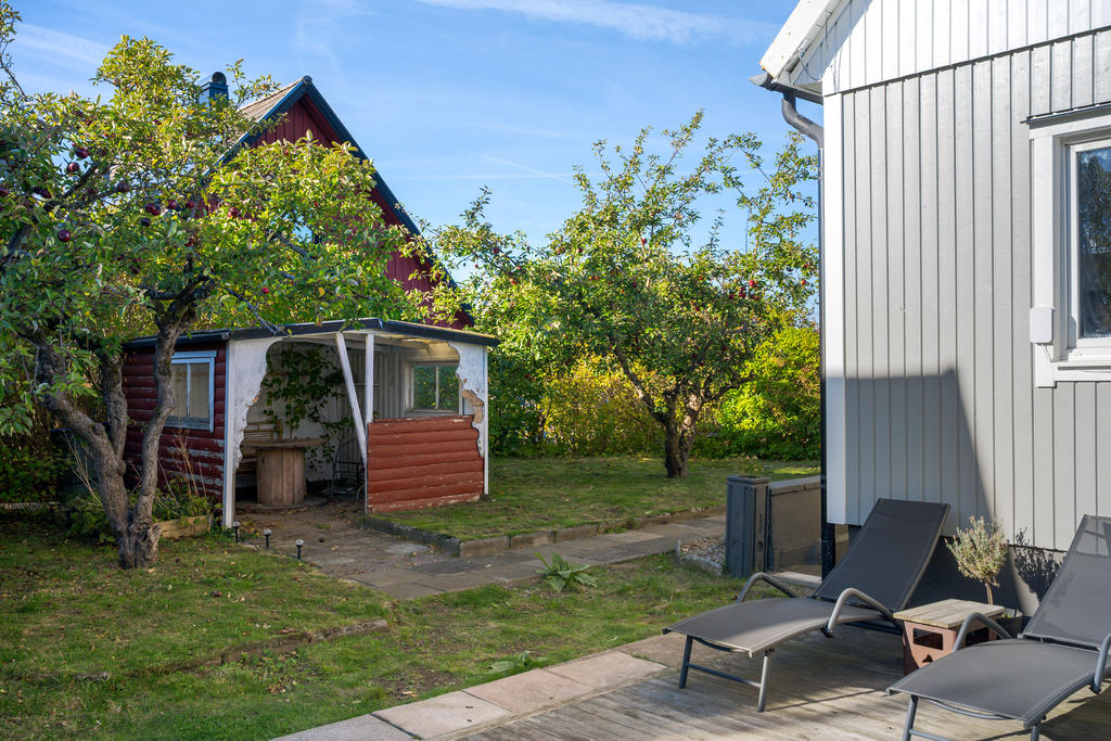 Trädgård med mindre uteplats under tak
